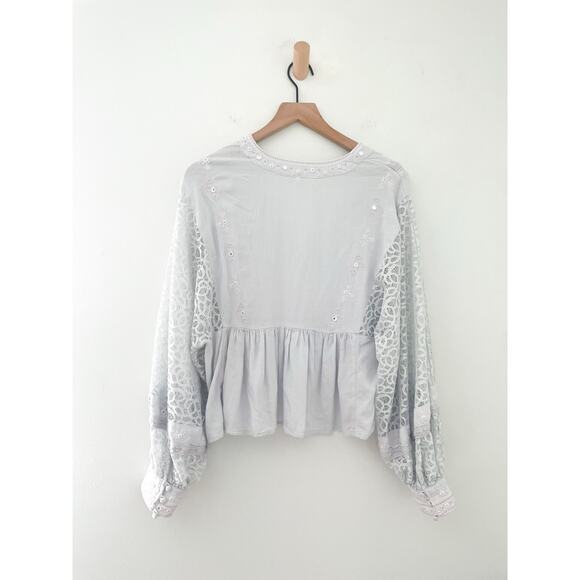 Free People Boogie All Night Eyelet Top Medium Silver Gray Balloon Sleeve Boho - Picture 9 of 11